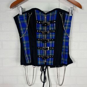 Womens Corset Size 24" blue Plaid Chains Grunge Goth